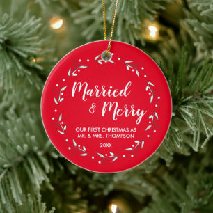 Married & Merry Christmas Wreath Wedding Photo Ceramic Ornament