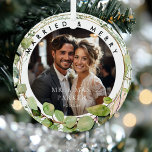 Married & Merry!  Elegant, Eucalyptus, Photo Metal Ornament<br><div class="desc">Celebrate your first Christmas as a married couple with this elegant and timeless metal photo ornament. Featuring a simple yet refined script font, this customizable ornament allows you to add your favourite wedding photo and personalize the names, date, or message to create a cherished keepsake. Simply edit the design in...</div>