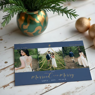 Married & Merry Elegant Gold Holiday Tree 3 Photo Card