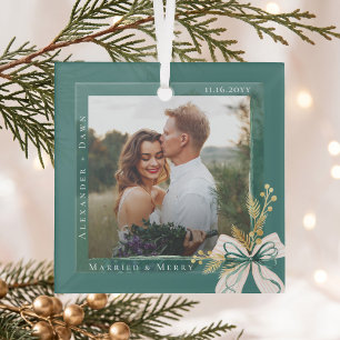 Married & Merry Elegant Green Bow Newly Weds Photo Glass Ornament