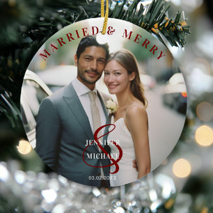 Married & Merry!  Elegant, Simpel, Photo Ceramic Ornament