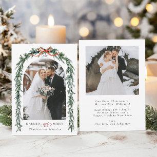 Married & Merry Evergreen Garland Newlywed 2 Photo Holiday Card
