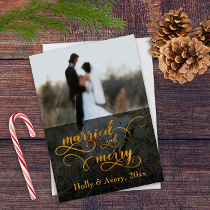 Married & Merry Faux Gold Foil Typography w/ Photo Holiday Card