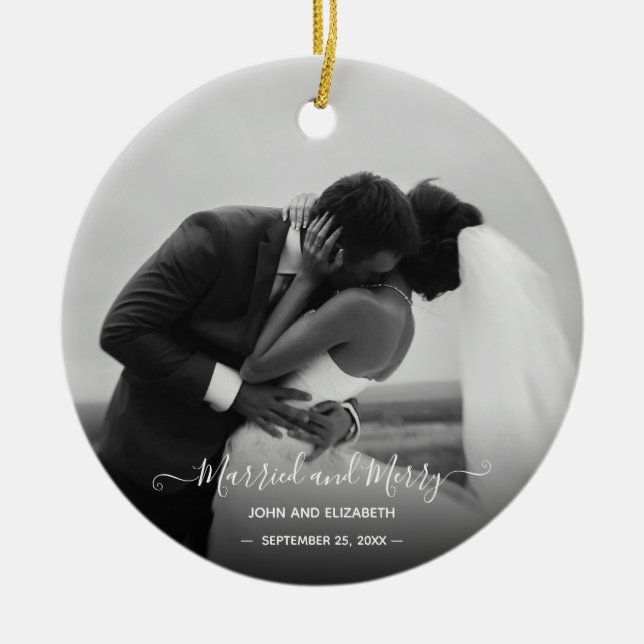 Married Merry First Christmas Black White Photo  O Ceramic Ornament (Front)