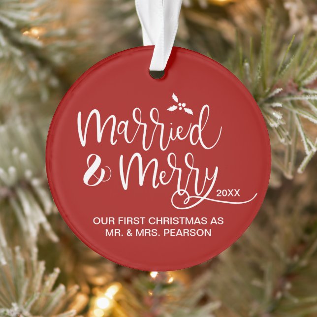 Married & Merry First Christmas double sided red Ornament (Tree)