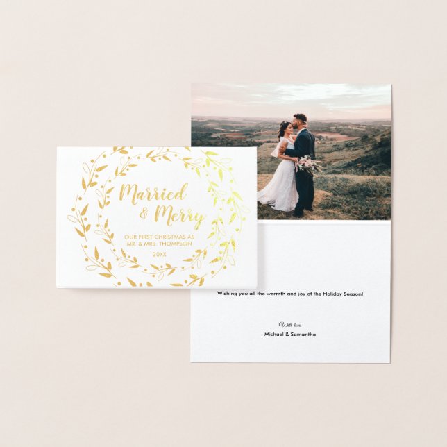 Married Merry first Christmas Wreath Wedding photo Foil Card (Display)