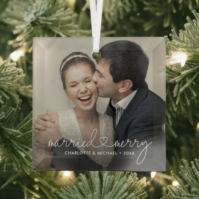 Married & Merry Heart Script Modern Custom Wedding Glass Ornament (Insitu)