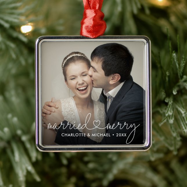 Married & Merry Heart Script Modern Custom Wedding Metal Ornament (Tree)
