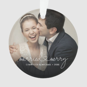 Married & Merry Heart Script Modern Custom Wedding Ornament