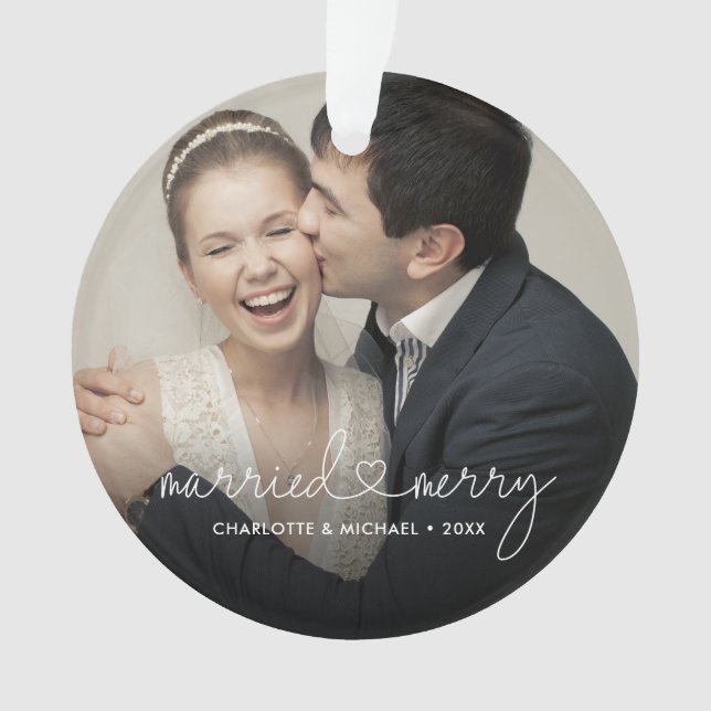 Married & Merry Heart Script Modern Custom Wedding Ornament (Front)