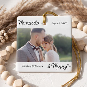 Married & Merry Minimal Engagement Photo Keepsake Ceramic Ornament