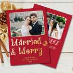 Married Merry Newlywed 1st Christmas Red Photo Foil Holiday Card<br><div class="desc">This Married and Merry Our First Christmas 2-photo gold foil greeting card in Christmas Red is the perfect way to celebrate a newlywed couple's first Christmas, with its festive font and classic holiday colours, as well as a personalized message on the back. The playful "Married and Merry" message is a...</div>