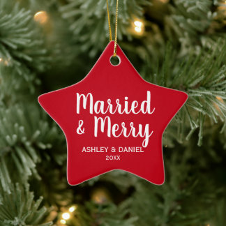 Married & Merry Newlywed Christmas Red Star Ceramic Ornament