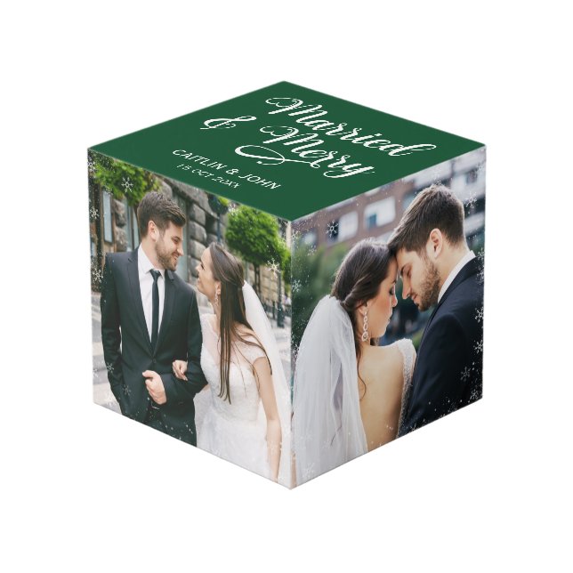 Married Merry Newlywed First Christmas Green Photo Cube (Front Angled)