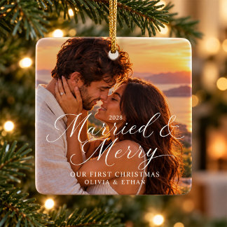 Married & Merry Newlywed First Christmas Photo Ceramic Ornament