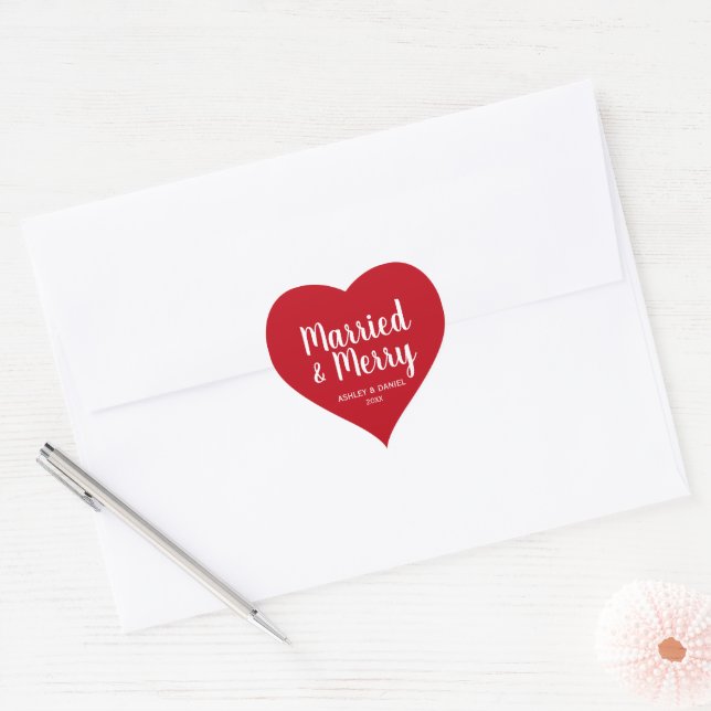 Married & Merry Newlywed Holiday Red Heart Heart Sticker (Envelope)