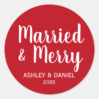 Married & Merry Newlywed Holiday Red Round Classic Round Sticker