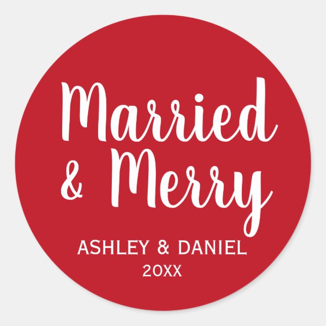 Married & Merry Newlywed Holiday Red Round Classic Round Sticker (Front)