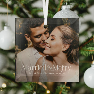 Married & Merry Newlywed Photo, Christmas Elegant Glass Ornament