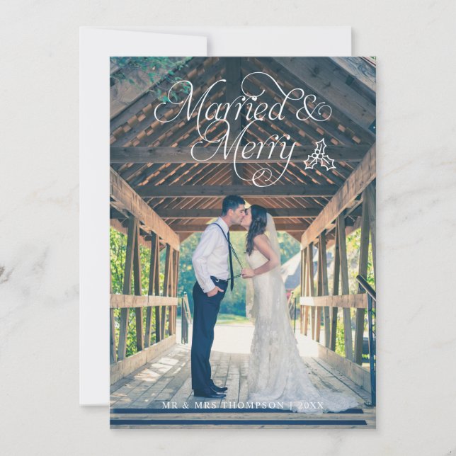 Married & Merry Newlywed Photo Holiday Card Green (Front)
