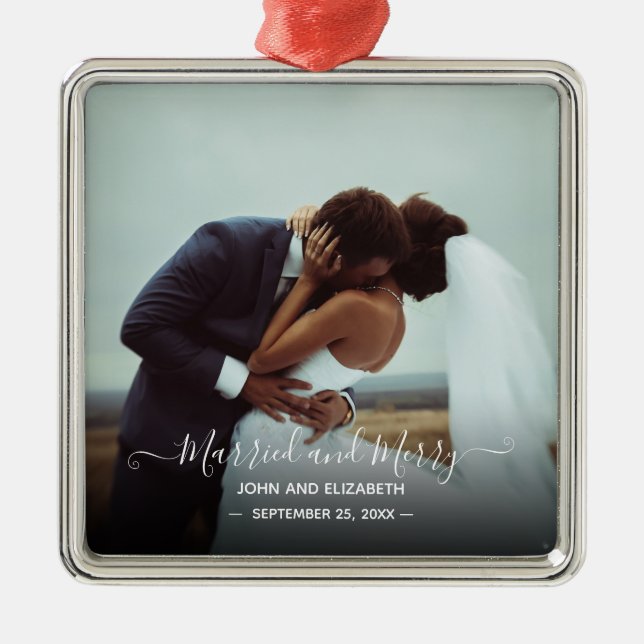 Married Merry Newlywed Photo Signature Script Metal Ornament (Front)