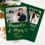 Married Merry Newlyweds 1st Christmas Green Hearts Foil Holiday Card<br><div class="desc">This Married and Merry Our First Christmas custom 2-photo gold foil greeting card in forest green with hearts is the perfect way to celebrate a newlywed couple's first Christmas, with its clean and modern font and classic holiday colours, room for two photos, as well as a personalized message on the...</div>