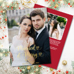 Married Merry Newlyweds 1st Christmas Photo Hearts Foil Holiday Card<br><div class="desc">This Married and Merry Our First Christmas custom 2-photo gold foil greeting card with hearts is the perfect way to celebrate a newlywed couple's first Christmas, with its clean and modern font and classic holiday colours, room for two photos, as well as a personalized message on a red background on...</div>