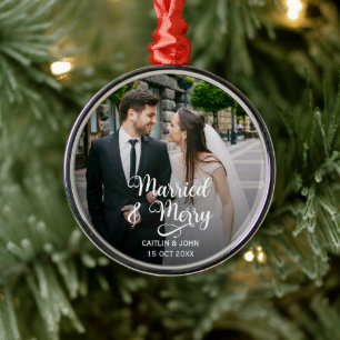 Married Merry Newlyweds 1st Christmas Photo Round Metal Ornament