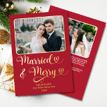 Married Merry Newlyweds 1st Christmas Red Hearts Foil Holiday Card<br><div class="desc">This Married and Merry Our First Christmas custom 2-photo gold foil greeting card in Christmas red with hearts is the perfect way to celebrate a newlywed couple's first Christmas, with its clean and modern font and classic holiday colours, room for two photos, as well as a personalized message on the...</div>