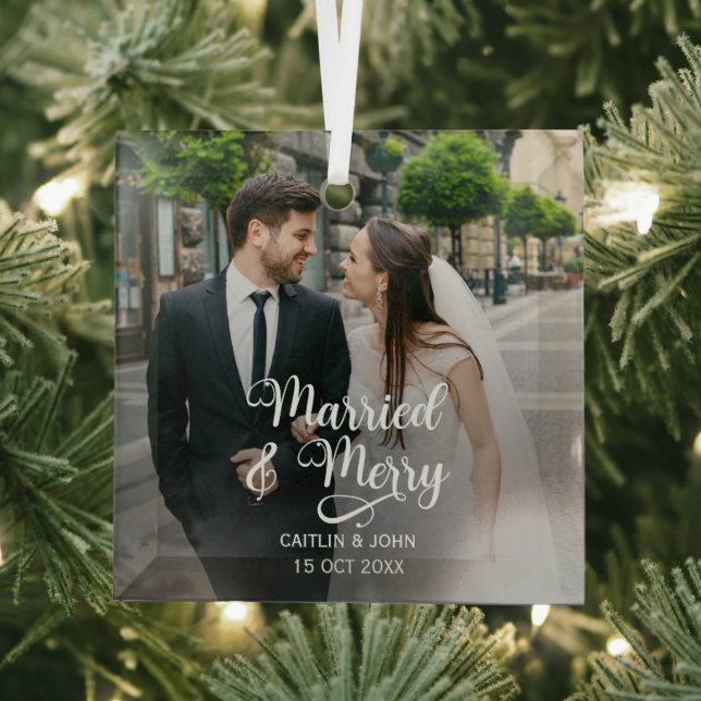 Married Merry Newlyweds First Christmas Photo Glass Ornament (Insitu)