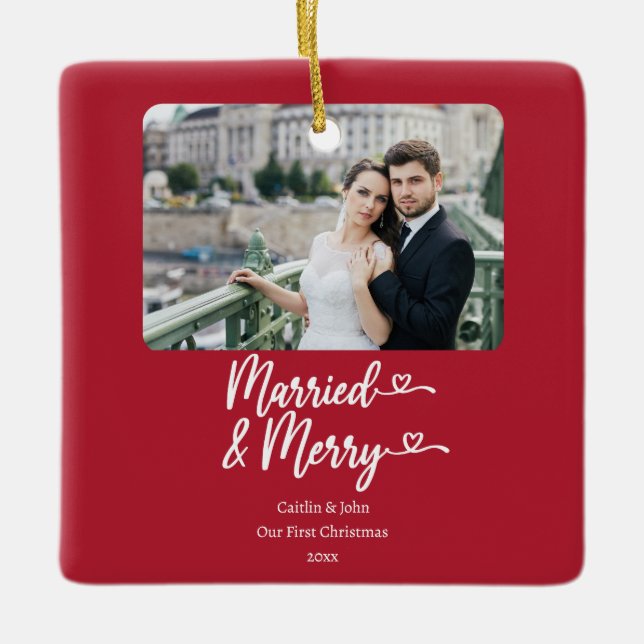 Married Merry Newlyweds First Christmas Photo Red Ceramic Ornament (Front)