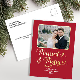 Married Merry Newlyweds First Christmas Photo Red Foil Holiday Postcard