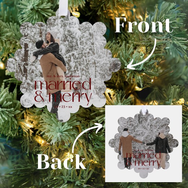 Married & Merry Newlyweds Photo Ornament Card (Creator Uploaded)