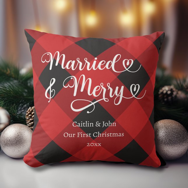 Married Merry Our 1st Christmas Newlywed Red Plaid Throw Pillow (Married and Merry Newlyweds First Christmas together Pillow with Couples' Names and Wedding Date.)