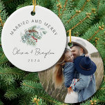 Married & Merry Our First Christmas Photo Ceramic Ornament<br><div class="desc">Commemorate your first holiday season together with the "Married & Merry Our First Christmas" photo ceramic ornament. Designed for newlyweds, this personalized keepsake features your cherished photo framed by a minimalist design and warm seasonal accents. Ideal for couples of all kinds, it captures the essence of your love and union,...</div>