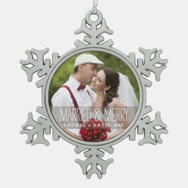 Married & Merry Photo Christmas Couple Ornament (Front)