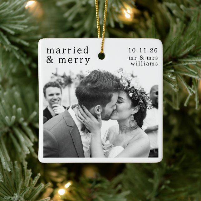 Married & Merry Photo, Names & Date Christmas Ceramic Ornament (Tree)