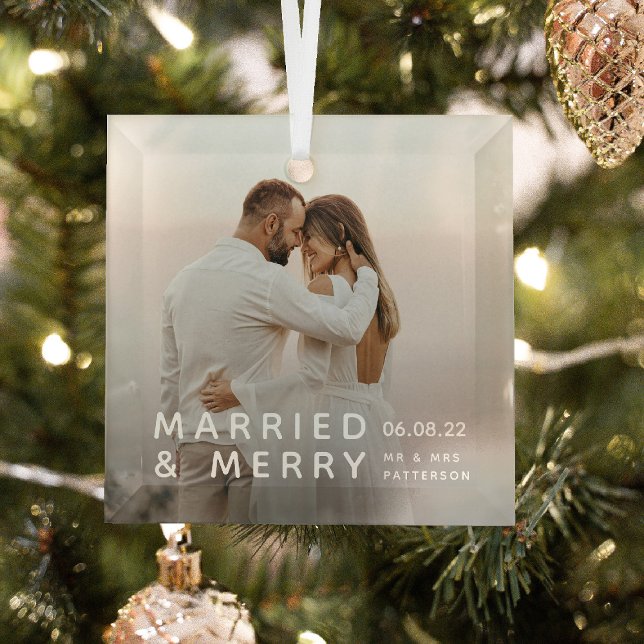 Married & Merry Photo, Names & Date Christmas Glass Ornament (Creator Uploaded)