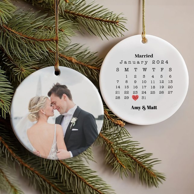 Married & Merry Photo, Names & Date Christmas Ornament (Creator Uploaded)