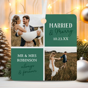 Married & Merry Photo Names Green Christmas Metal Ornament