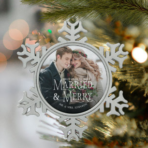 Married & Merry Photo Newlywed Christmas Snowflake Pewter Christmas Ornament