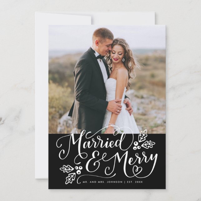 Married & Merry Photo Thank You Black Holiday Card (Front)