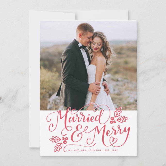 Married & Merry Photo Thank You Red Holiday Card (Front)