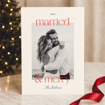 Married & Merry Preppy Red Stripe Photo Christmas