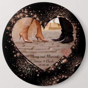 Married & Merry Rose Gold Twinkling Lights Photo  6 Inch Round Button