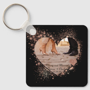 Married & Merry Rose Gold Twinkling Lights Photo  Keychain