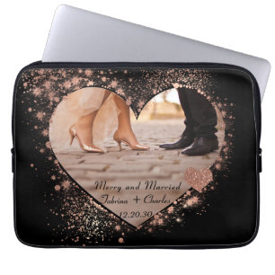 Married & Merry Rose Gold Twinkling Lights Photo  Laptop Sleeve