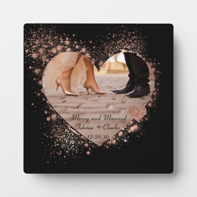 Married & Merry Rose Gold Twinkling Lights Photo  Plaque (Front)