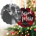 Married & Merry Script Red Plaid Photo Christmas  Ornament Card<br><div class="desc">These festive paper ornament cards feature a large single photo on the front of the card. On the back is a cozy red and black plaid background, a large EDITABLE script greeting in white, and your text in a classic serif font. These ornaments make a fabulous holiday card that will...</div>