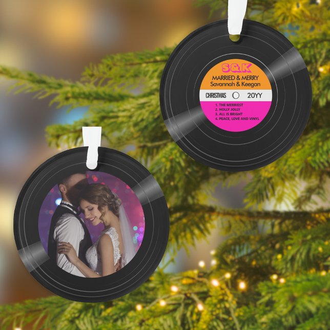 Married & Merry Vinyl Record Pink Orange Photo Ornament (Vinyl record style Orange & Pink Photo Acrylic Ornament)